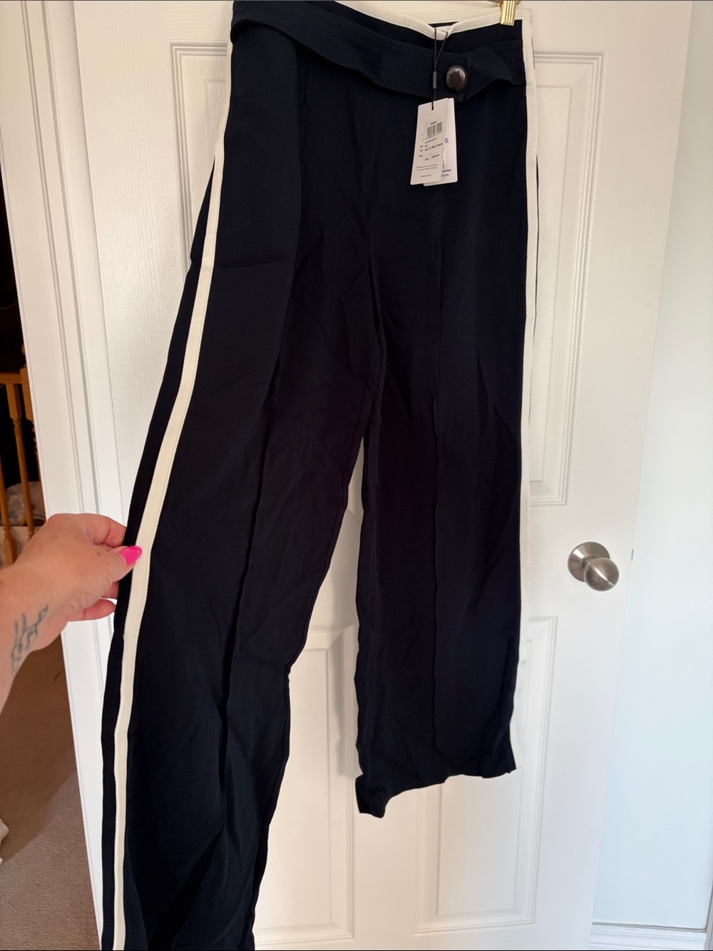 Reiss Navy Wide-Leg Trousers with White Side and Waist Stripes